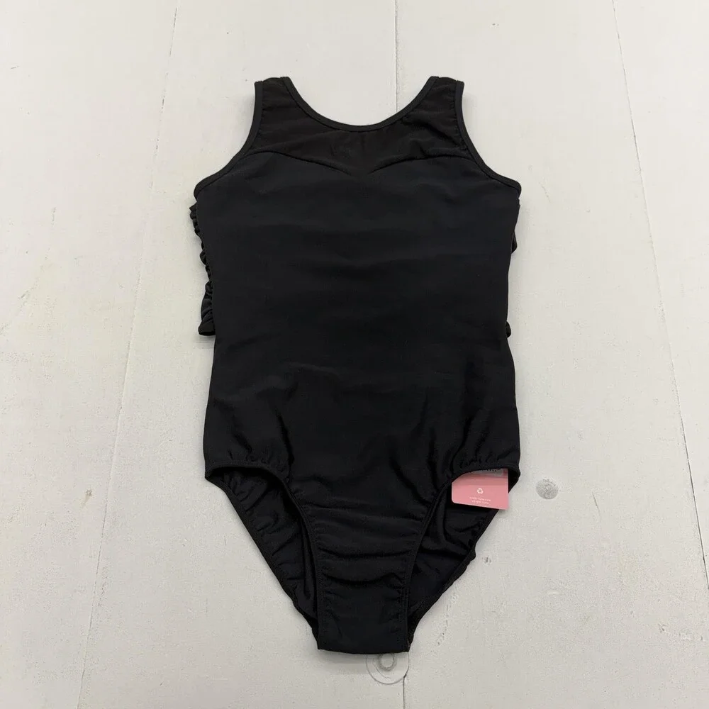 Every Turn Renew Leotard Girls 16 Black Sleeveless Mesh Ruched Back Dancewear